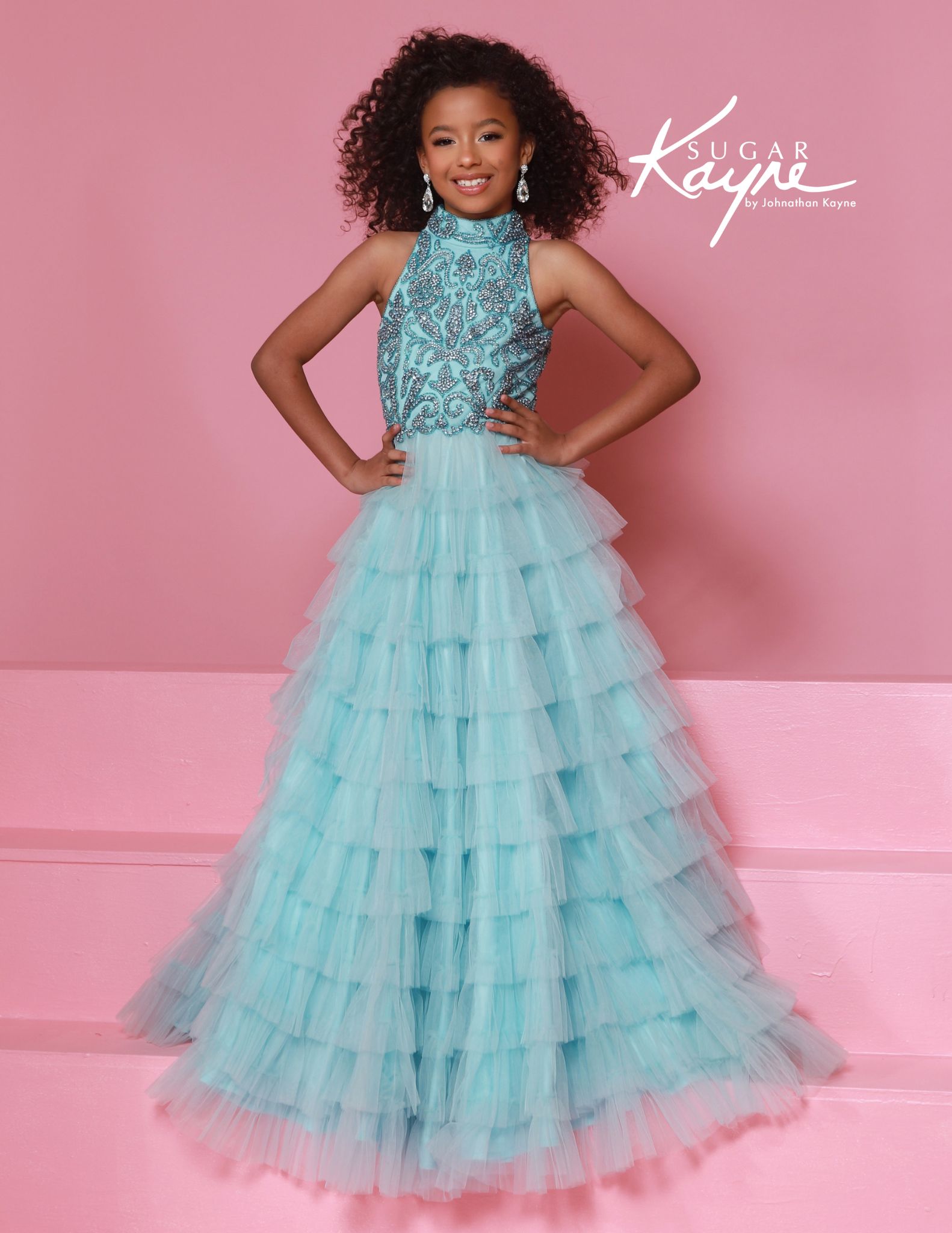 Aqua blue high-neck pageant gown with tiered mesh skirt and beaded bodice, perfect for little girl pageants and runway competitions.
